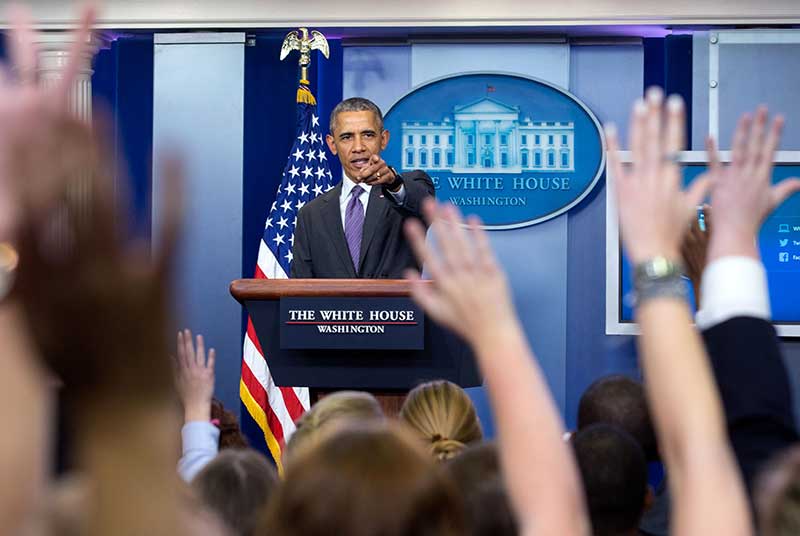President Barack Obama takes questions from student reporters during College Reporter Day in the James S. Brady Press Briefing Room of the White House, April 28, 2016. (P042816AL-0076)