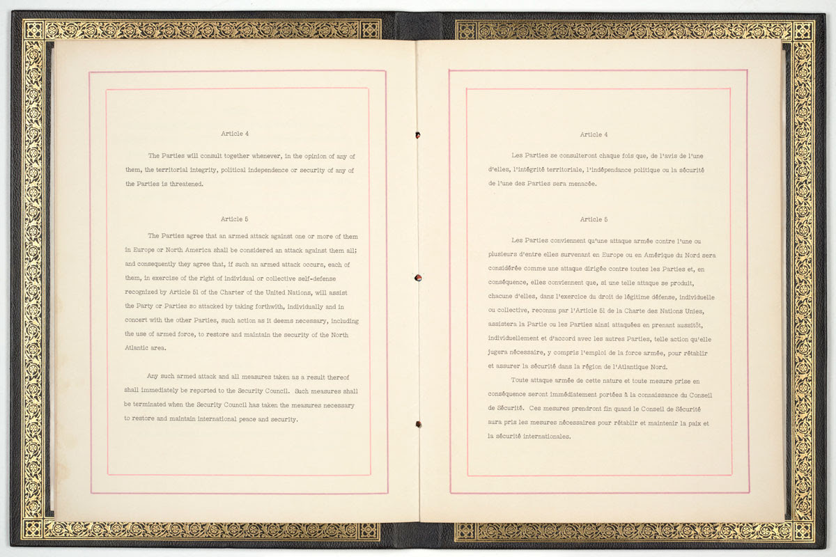 The North Atlantic Treaty, showing Article 5. Signed on April 4, 1949, the treaty formed the legal basis for NATO. View in National Archives Catalog