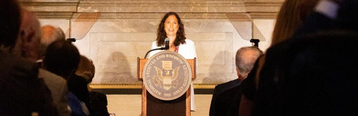 Dr. Colleen Shogan makes remarks as Archivist of the United States on Sept. 11, 2023, at the National Archives in Washington, DC. NARA Photo by Susana Raab.