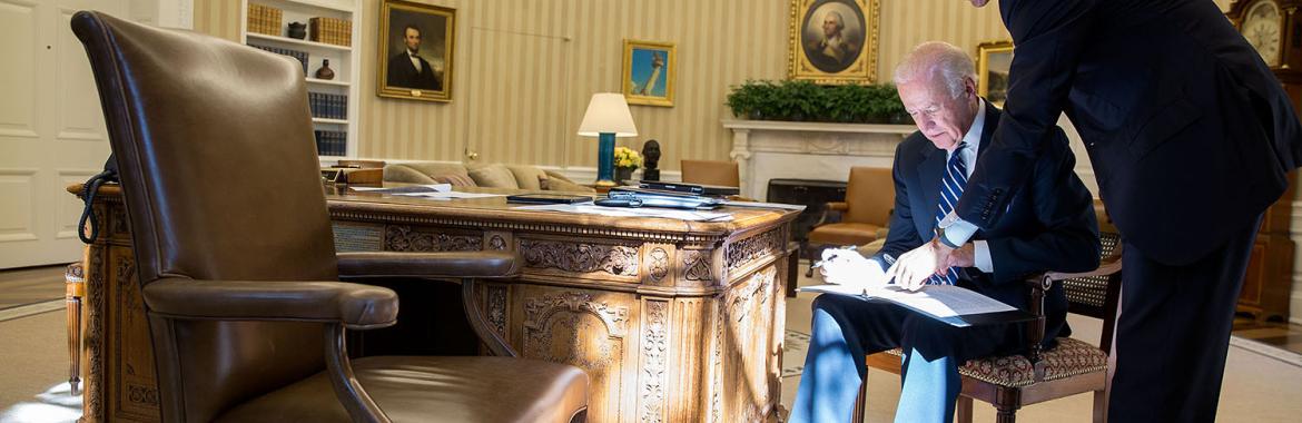 Vice President Joe Biden reviews his remarks with President Barack Obama before the Vice President announces that he will not be a candidate in the 2016 presidential campaign, in the Oval Office.