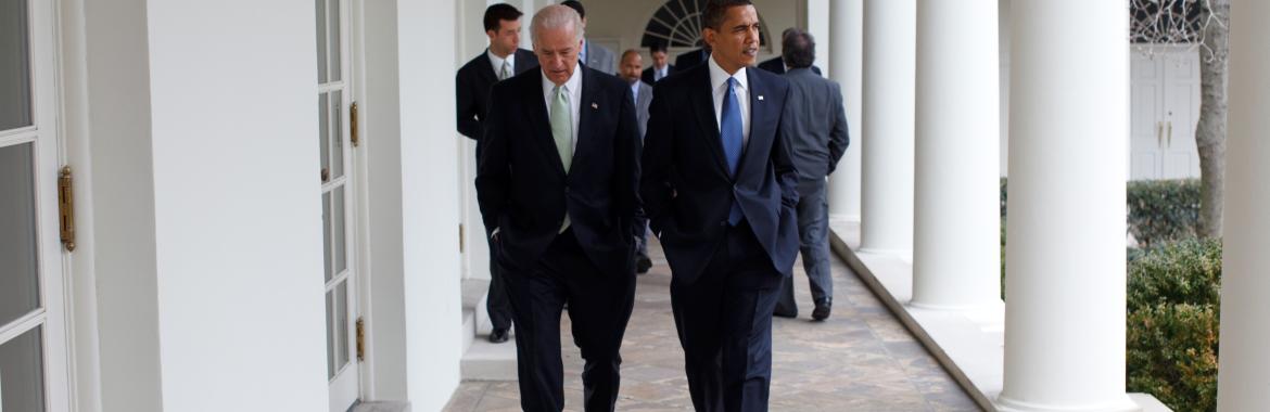 President Obama walks to the Oval Office along the Colonnade with Vice President Joe Biden, Feb. 3, 2009.