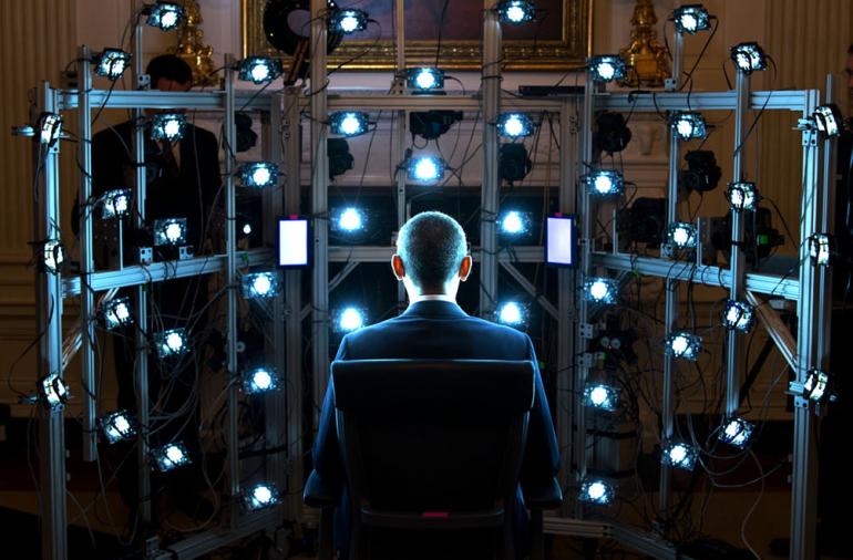 President Barack Obama participates in a 3D image session with Smithsonian staff in the State Dining Room of the White House, June 9, 2014.
