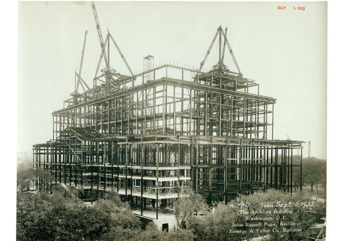 A series of photographs document the construction of the National Archives Building. This view of the steel framework was taken on September 5, 1933.