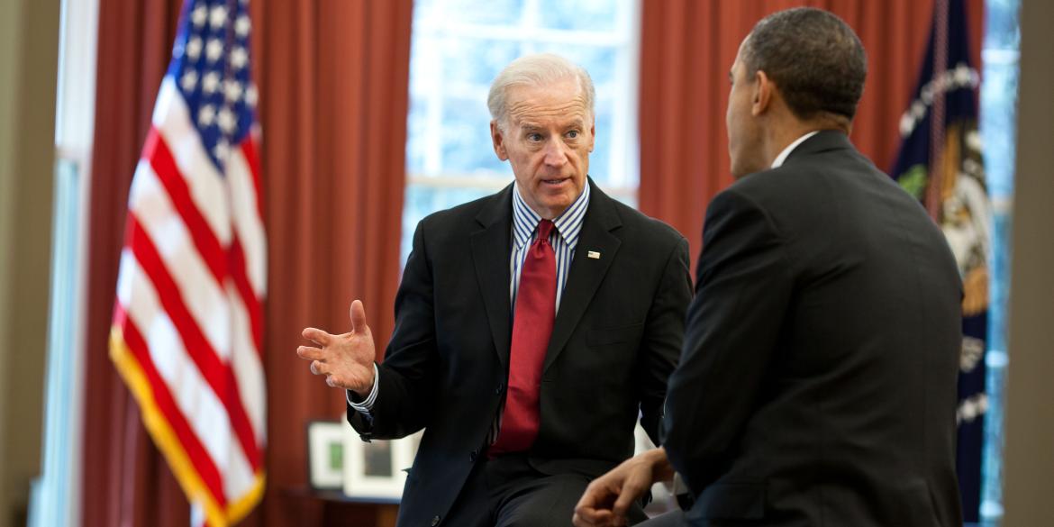 President Barack Obama talks with Vice President Joe Biden in the Oval Office in between meetings to discuss the ongoing budget negotiations on April 8, 2011.