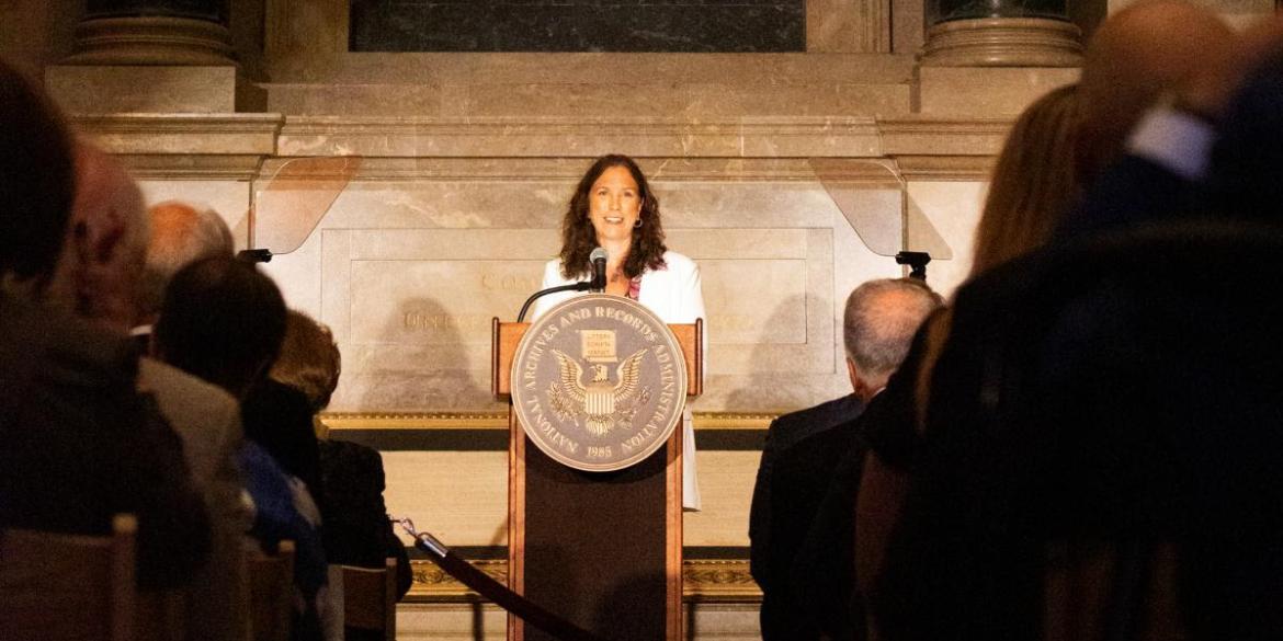 Dr. Colleen Shogan makes remarks as Archivist of the United States on Sept. 11, 2023, at the National Archives in Washington, DC. NARA Photo by Susana Raab.