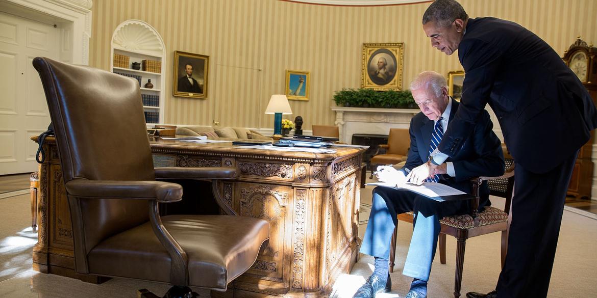 Vice President Joe Biden reviews his remarks with President Barack Obama before the Vice President announces that he will not be a candidate in the 2016 presidential campaign, in the Oval Office.