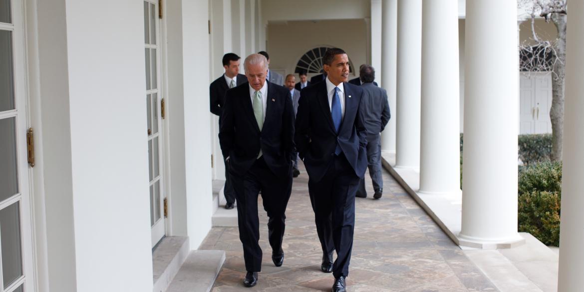 President Obama walks to the Oval Office along the Colonnade with Vice President Joe Biden, Feb. 3, 2009.