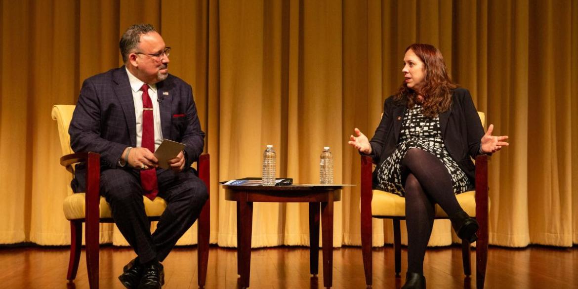 U.S. Secretary of Education Dr. Miguel A. Cardona and Archivist of the United States Dr. Colleen Shogan discuss civic education during a fireside chat at the National Archives, March 12, 2024, in celebration of National Civic Learning Week. National Archives photo by Susana Raab.