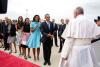 President Barack Obama, First Lady Michelle Obama, daughters Sasha and Malia, Marian Robinson, Vice President Joe Biden, and Dr. Jill Biden greet Pope Francis on his arrival at Joint Base Andrews, Maryland, September 22, 2015.