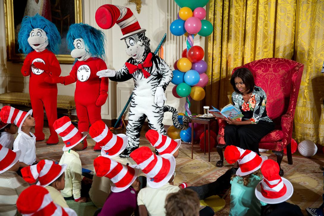 First Lady Michelle Obama hosts local students for a special reading of Dr. Seuss's "Oh, The Things You Can Do That Are Good for You: All About Staying Healthy," during a "Let's Move!" event in the East Room of the White House, January 21, 2015. 