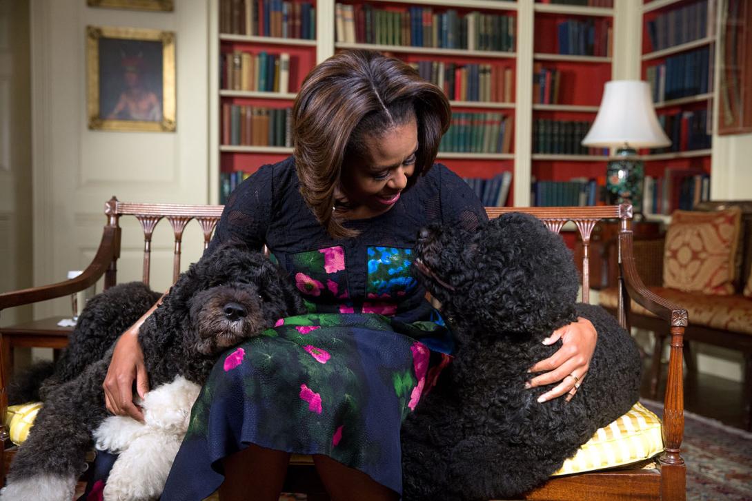 First Lady Michelle Obama, seated with Obama family pets Bo, left, and Sunny, tapes a video for Ellen DeGeneres' 56th birthday in the White House Library, January 28, 2014.
