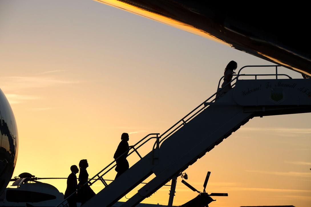 President Barack Obama and First Lady Michelle Obama follow Marian Robinson and Malia Obama as they board Air Force One at Maxwell Air Force Base for departure from Montgomery, Alabama, following a trip to Selma, Alabama to commemorate the 50th Anniversar