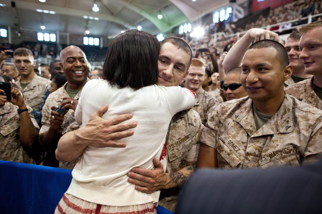 First Lady Michelle Obama greets Marines following her remarks to 3,000 Marines, soldiers, sailors, and military family members at Memorial Field House in Camp Lejeune, North Carolina, April 13, 2011. The event was part of the launch of Joining Forces, a 