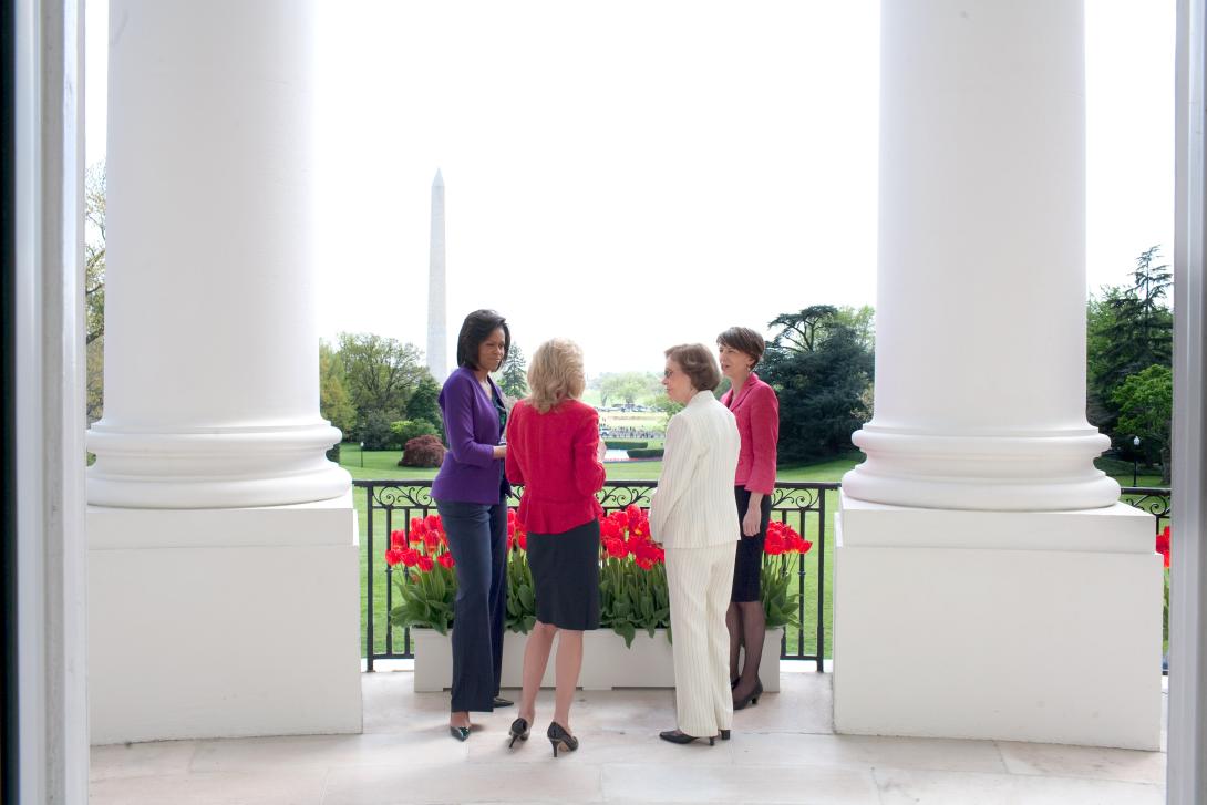 First Lady Michelle Obama hosts former First Lady Rosalynn Carter, Dr. Jill Biden, and Maria Eitel, new CEO of the Corporation for National and Community Service, at the White House, April 21, 2009.