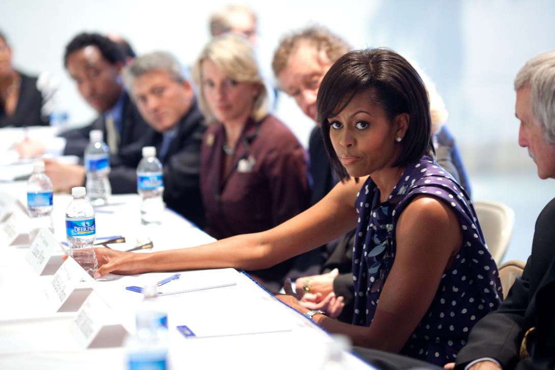 First Lady Michelle Obama attends a meeting with Communities In Schools board members at the Ferebee-Hope Elementary School in Washington, D.C., May 13, 2009.