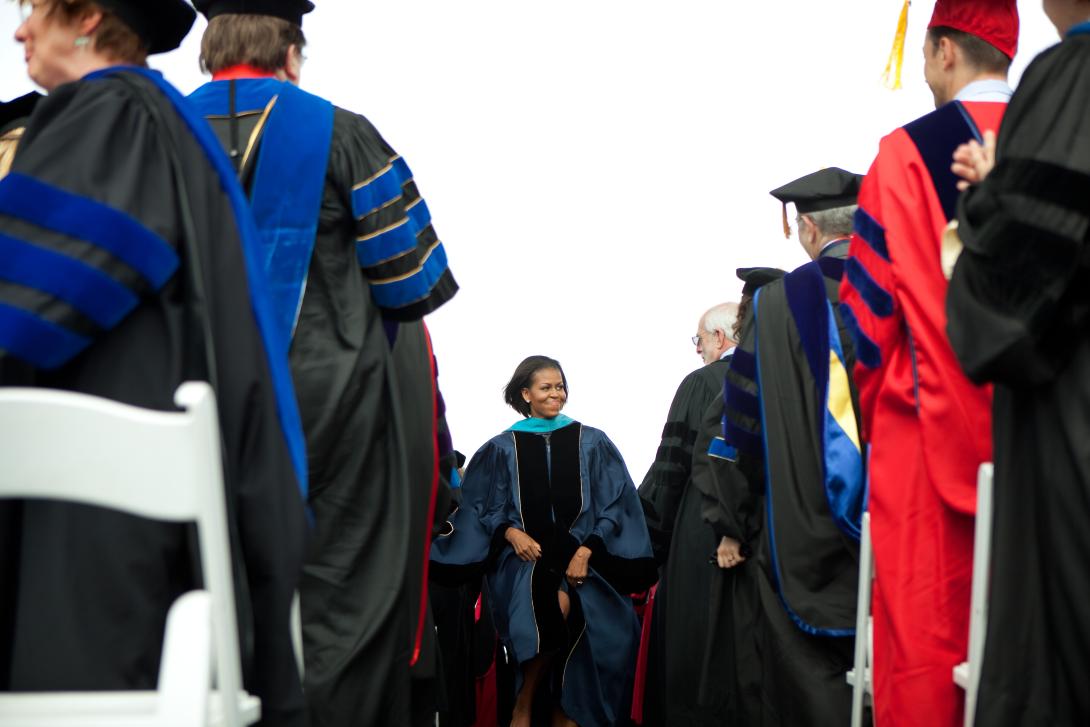 First Lady Michelle Obama attends the commencement ceremony at George Washington University on the National Mall in Washington, D.C., May 16, 2010. Mrs. Obama delivered the commencement address after students made good on her challenge to do 100,000 hours