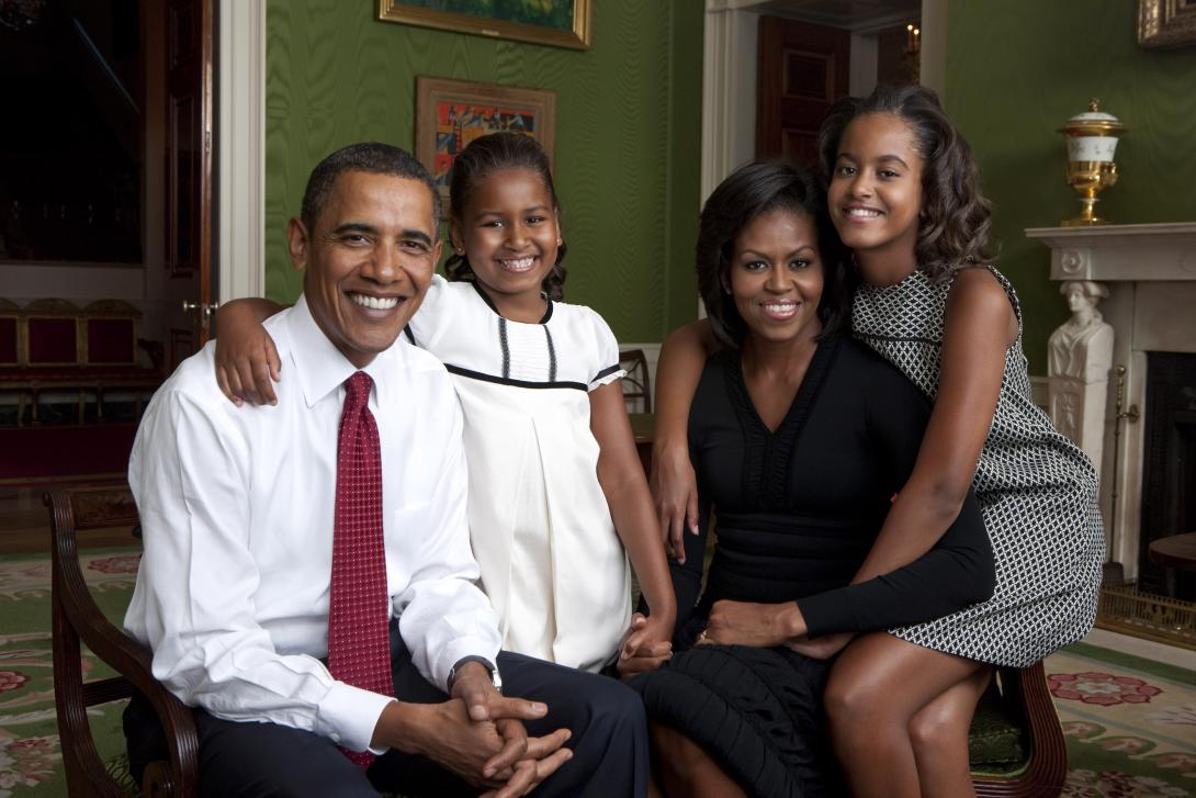 President Barack Obama, First Lady Michelle Obama, and their daughters, Sasha and Malia, sit for a family portrait in the Green Room of the White House, September 1, 2009. (Official White House Photo by Annie Leibovitz)