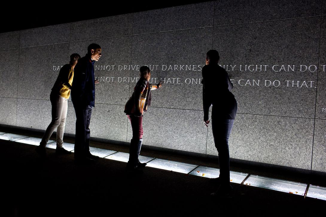 President Barack Obama, First Lady Michelle Obama, and daughters Sasha and Malia tour the Martin Luther King, Jr. Memorial in Washington, D.C., October 14, 2011. 