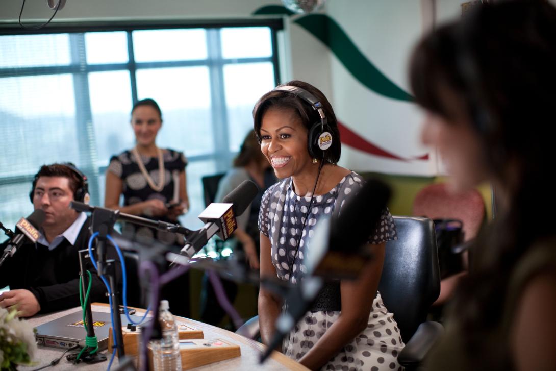 First Lady Michelle Obama does an interview with radio show host Eddie "Piolin" Sotelo at the Univision Radio building in Glendale, California, October 27, 2010. Piolin has one of the top radio shows in the country.