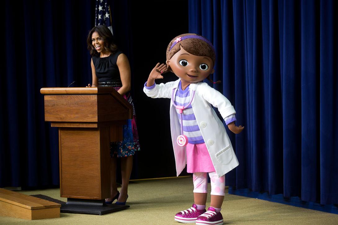 First Lady Michelle Obama delivers remarks to military children and families during a preview screening of a Veterans Day episode of Disney's "Doc McStuffins," that explores the emotions children face when a parent is deployed, in the Eisenhower Executive