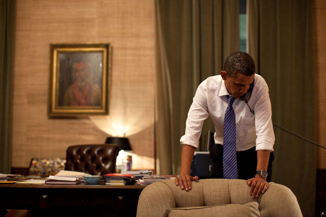 President Barack Obama talks on the phone with President Lee Myung-bak of South Korea in the Treaty Room Office in the White House Residence, November 23, 2010. Earlier in the day, North Korea conducted an artillery attack against the South Korean island 