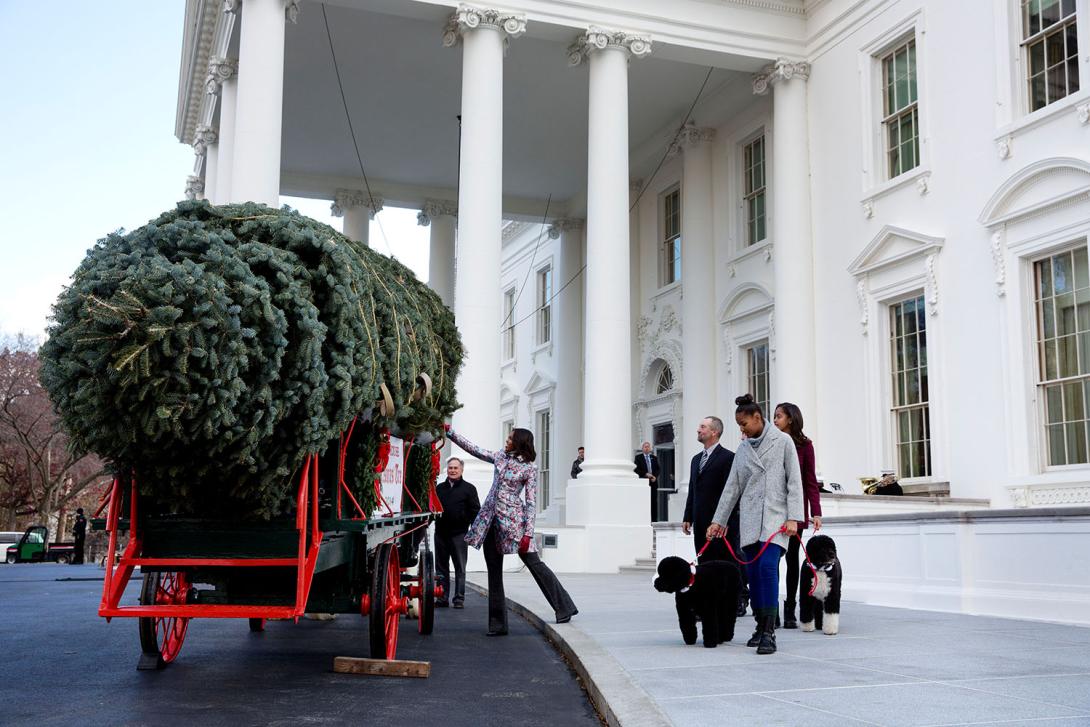 First Lady Michelle Obama, with daughters Sasha and Malia and family pets Bo and Sunny, receives the official White House Christmas tree at the North Portico of the White House, November 28, 2014.