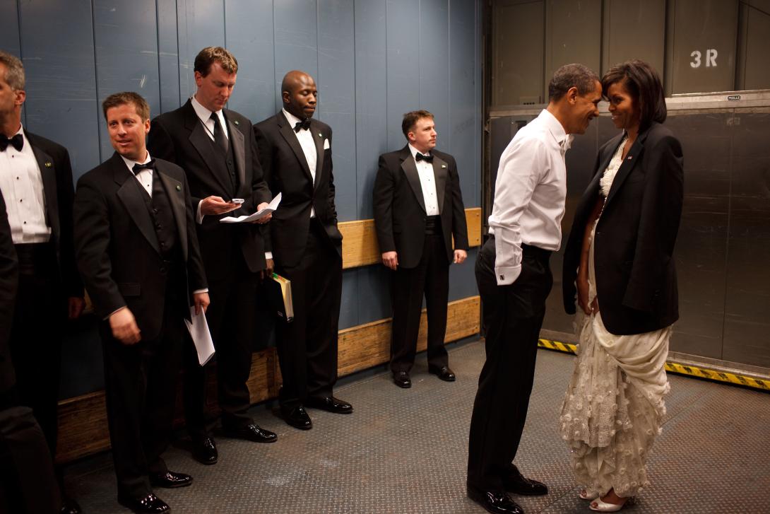 President Barack Obama and First Lady Michelle Obama share a private moment in a freight elevator at an Inaugural Ball in Washington, D.C., January 20, 2009.