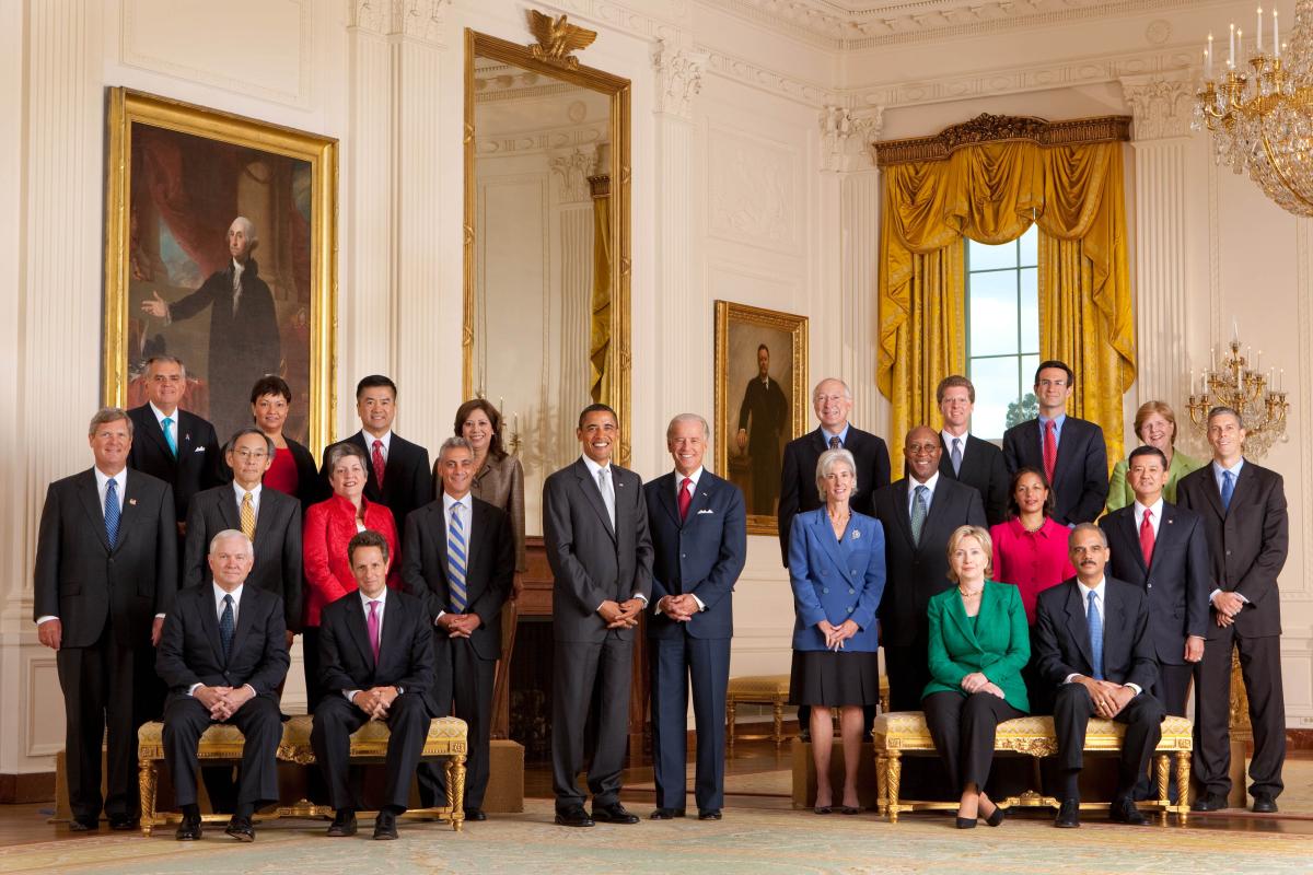 President Barack Obama and Vice President Joe Biden pose with the full Cabinet for an official group photo in the East Room of the White House, Sept. 10, 2009