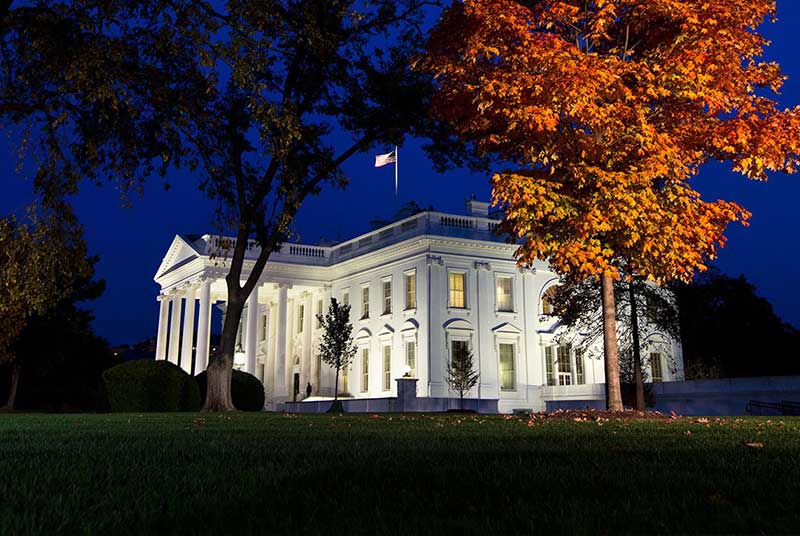 The North Portico of the White House, as lit by television lighting, November 8, 2016.
